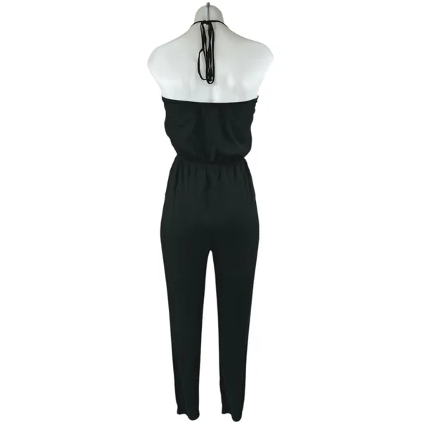 Lulus Learning to Fly Black Halter Sleeveless V Neck Faux Wrap Jumpsuit Size S - Image 3