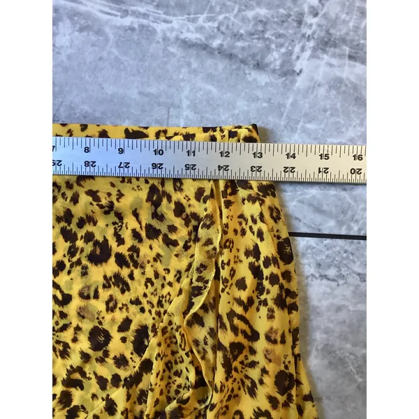 Lulus Yellow Leopard Print Mesh Ruffle Mini Skirt Small Animal Print Faux Wrap - Image 2