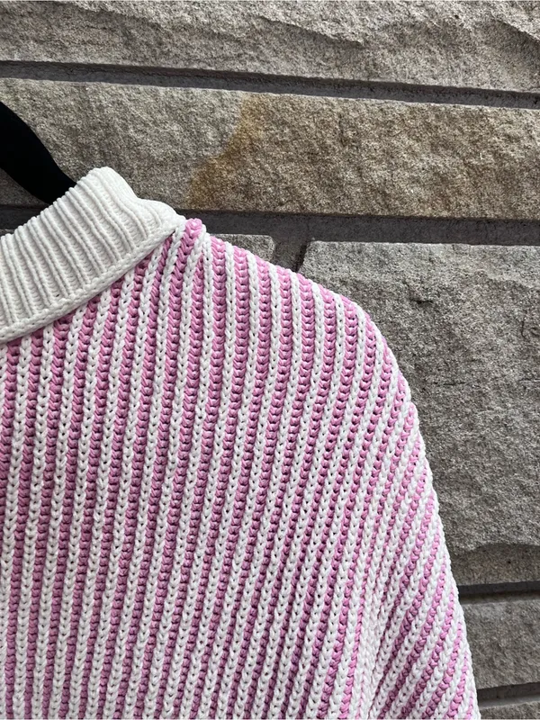 Aerie Beyond Chenille Pink & Cream White Sweater Ribbed Oversized Medium - Image 7