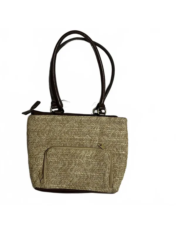 Khaki Canvas Textured Tote Bag with Brown Faux Leather Trim and Front Pockets - Image 2