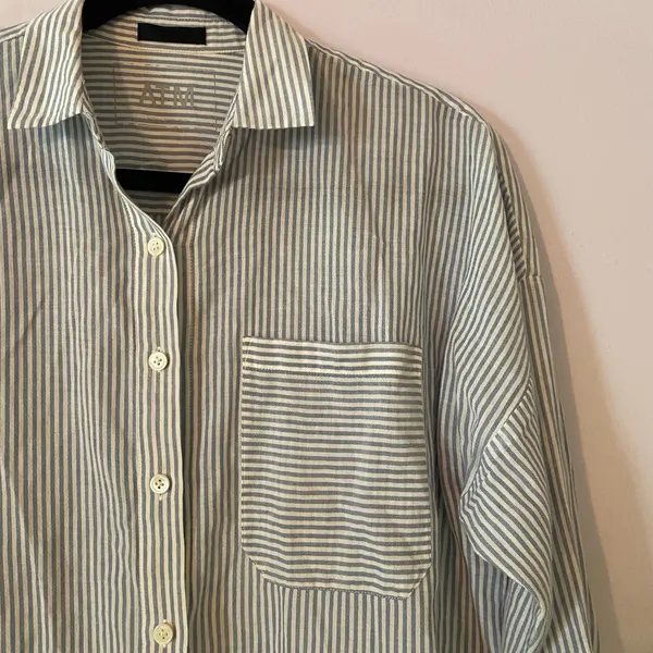 ATM Blue White Stripe Boyfriend Button Down Blouse Cotton Preppy Minimalist XS - Image 4