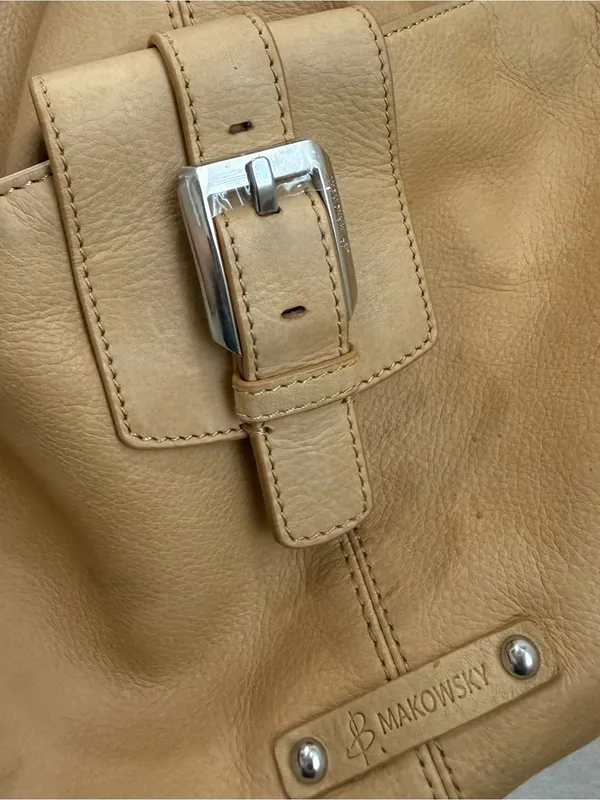 B. MAKOWSKY Beige Tan Pebbled Leather Chain Strap Tote Shoulder Bag - Image 15