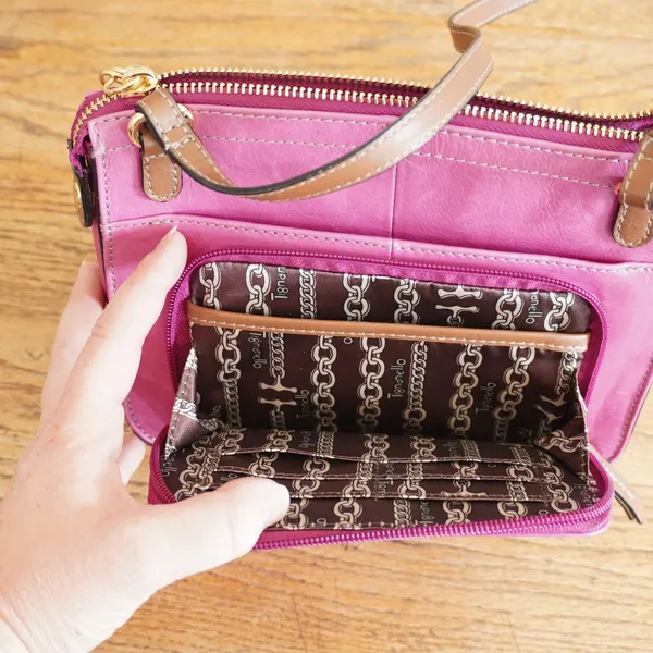 Tignanello Pink Leather Crossbody‎ Bag Organizer Purse Brown Trim Tassel Casual - Image 5