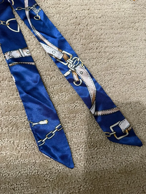 Blue Satin Silk Twilly Scarf With Chain and Belt Print Hair Ribbon Bag Accessory - Image 3