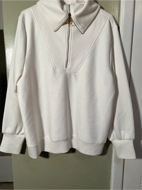 Merokeety Women's Size Large Quarter Zip V Neck Collar Ribbed Sweatshirt Cream - Image 4