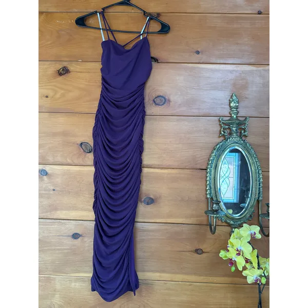 Lulus Flirty Instinct Purple Mesh Ruched Lace-Up Bodycon Midi Dress Wedding Sz S - Image 3