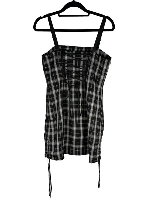 Punk Rave Plaid Corset Mini Dress Lace Up Back Buckle Straps Goth - Image 4