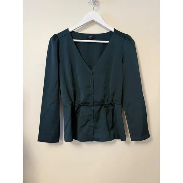 J.Crew Womens Long Sleeve V-Neck Button-Up Peplum Blouse Size 2 Deep Green - Image 3