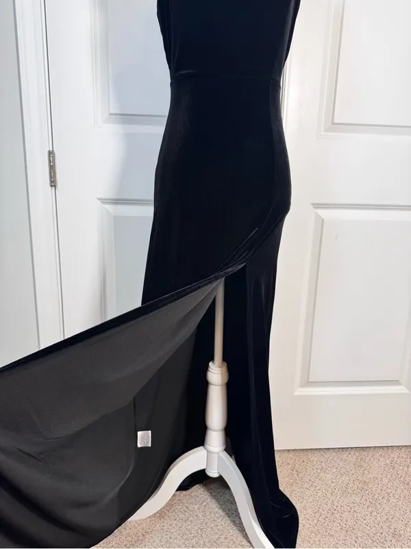 Birdy Grey Black Velvet Maxi Dress S Cowl Neck Slit Dark Romantic Gown Goth - Image 5
