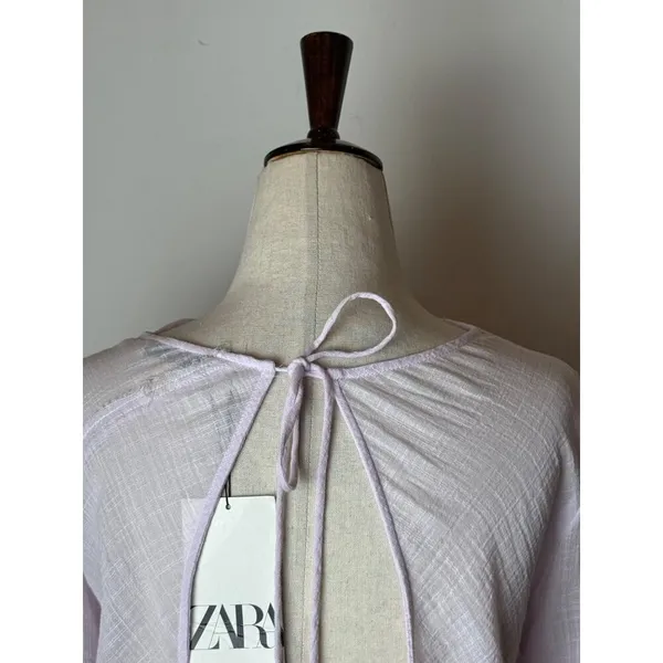 Zara Shirt Women‎ XS Purple Lilac Sheer Raw Seam Detail Tie Neck Open Back Top - Image 8