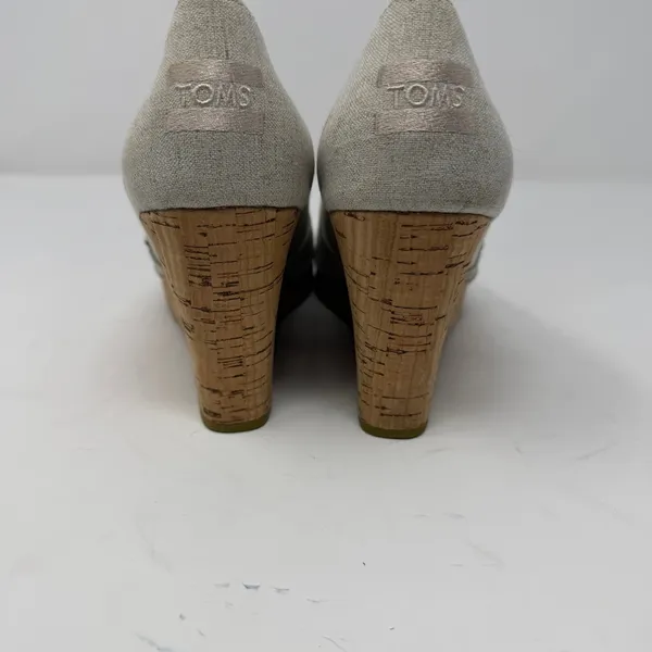 TOMS Canvas Peep Toe Wedge Sandal Oatmeal Natural Cork Heel Women Size 9 - Image 3