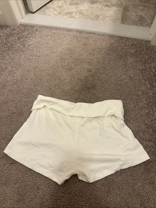 Cream Ribbed Fold-Over Waistband Shorts - Image 2