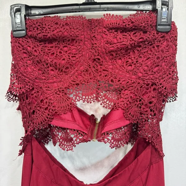 Papaya Burgundy Maroon Jumpsuit Lace Top Bare Midriff Open Back Wide Leg Sheer Overlay - Image 2