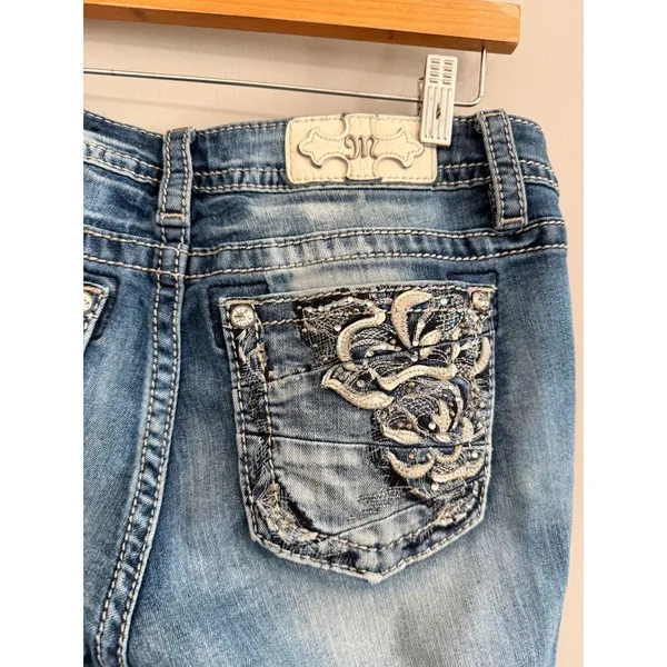 Miss Me Signature Skinny Jeans Womens 30 Blue Distressed Embellished Lace Pocket - Image 5