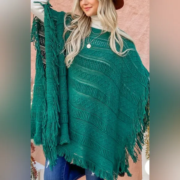 Boutique PULLOVER FRINGE PONCHO KNIT WOMEN'S HUNTERGREEN - Image 2