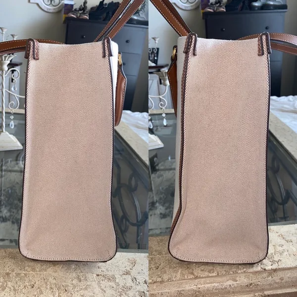 Tory Burch Bag Blake Canvas Jumbo Tote Leather Natural Classic Cuoio GUC - Image 6