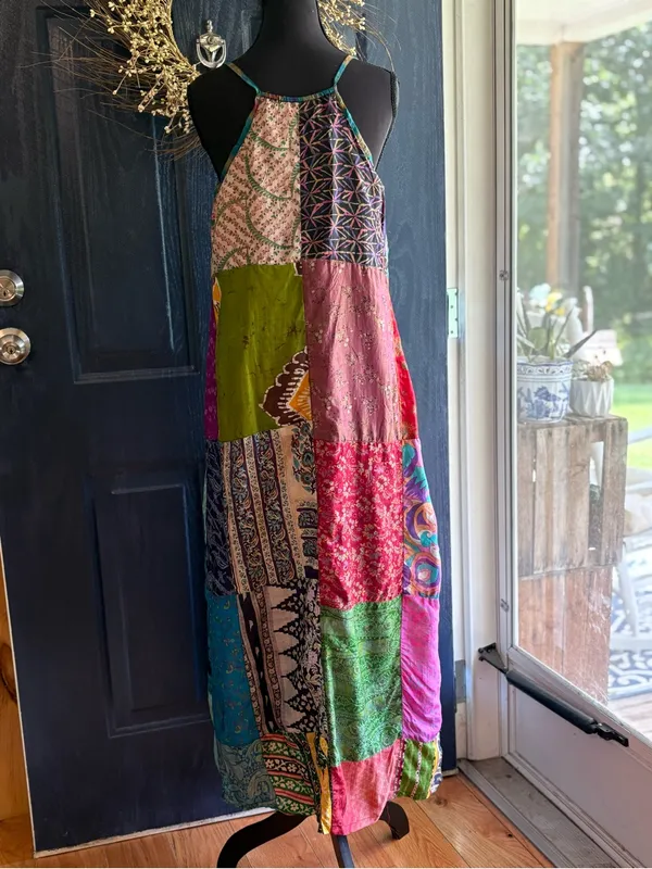 Sacred Threads Patchwork 100% Silk Maxi Dress size S/M *read* - Image 4