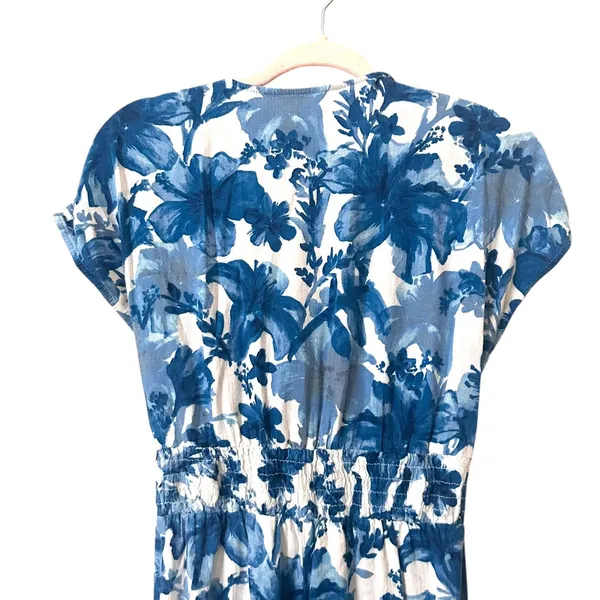ZARA Floral Tie Front Linen Blend Jumpsuit Blue Small‎ - Image 5