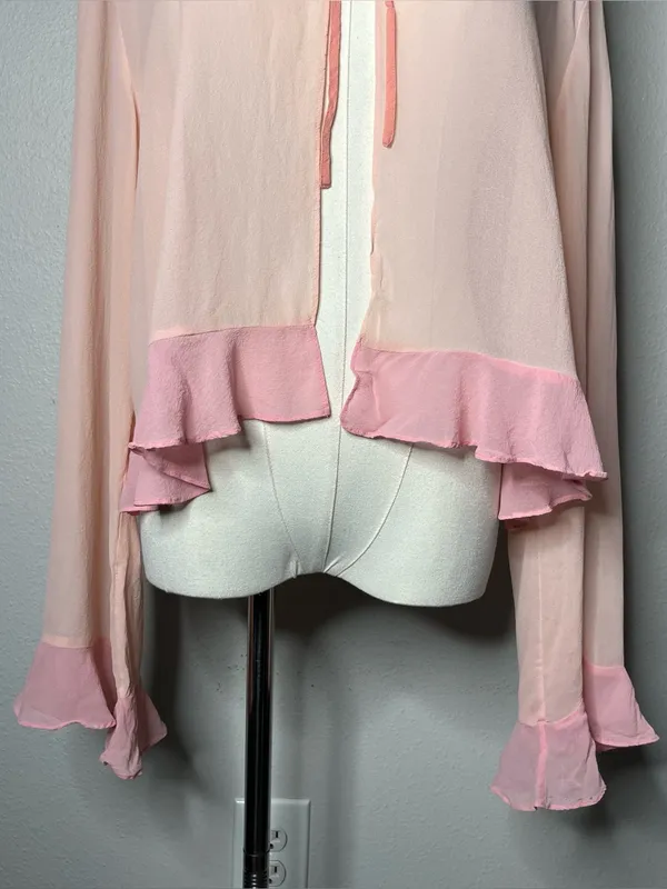 Y2K Vintage Victorias Secret Pink 100% Silk Ruffle Trim Tie Front Cardigan Top - Image 4