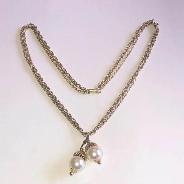 Vintage Gold Tone Double Faux Pearl Drop Necklace - Image 2