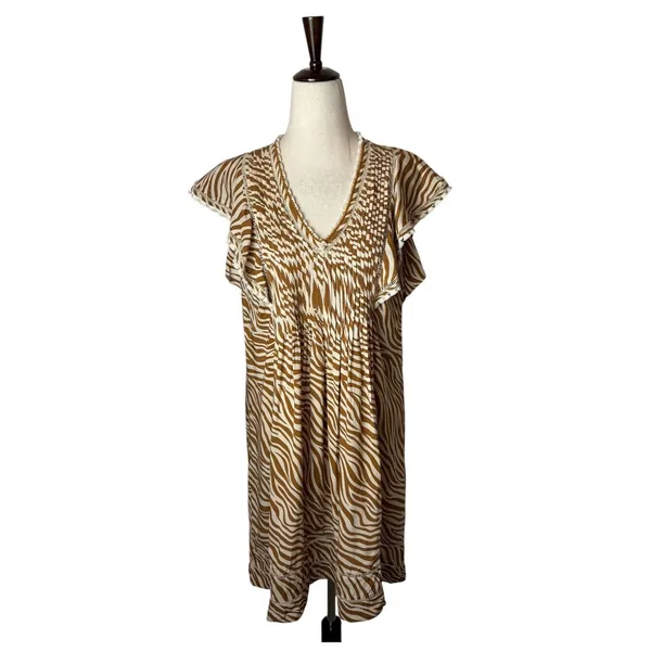 Poupette St Barth Camelia Mini Dress Women‎ Ivory Tan Zebra Ruffle V Neck Boho - Image 2