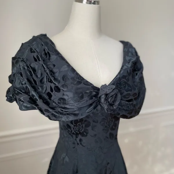 Vintage 80s 90s Off Shoulder Jacquard Short Dress Goth Black Green XS - Image 6