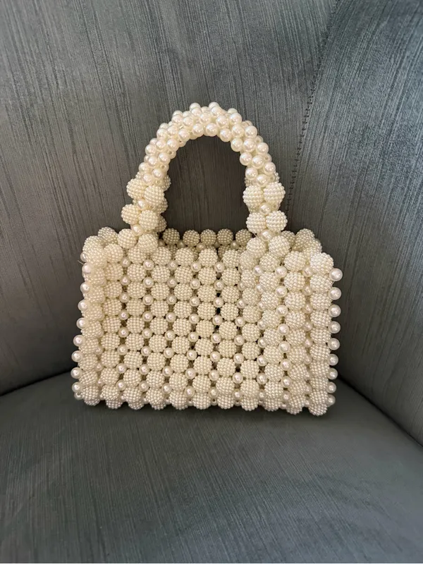 Pearl Beaded Mini Tote - Cream - Image 4