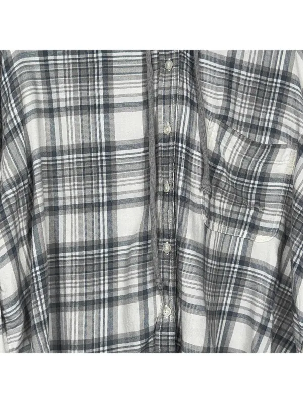 American Eagle Hooded Flannel Shirt - Gray Plaid, Size L - Image 2