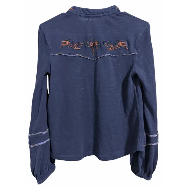 Free People Sundance Kid Embroidered Western Henley Top Navy Women's‎ Size XS - Image 2