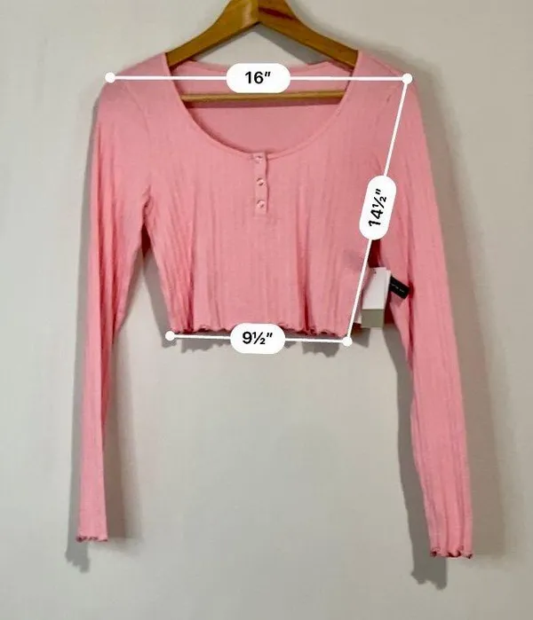 BP. Women’s Scoop Neck Waffle Knit Cropped Henley Long Sleeve Pink Candy NWT - Image 8