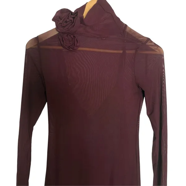 AFRM Revolve Shailene Fig Burgundy Mesh Long Sleeve Rosette Turtleneck Dress XS - Image 3