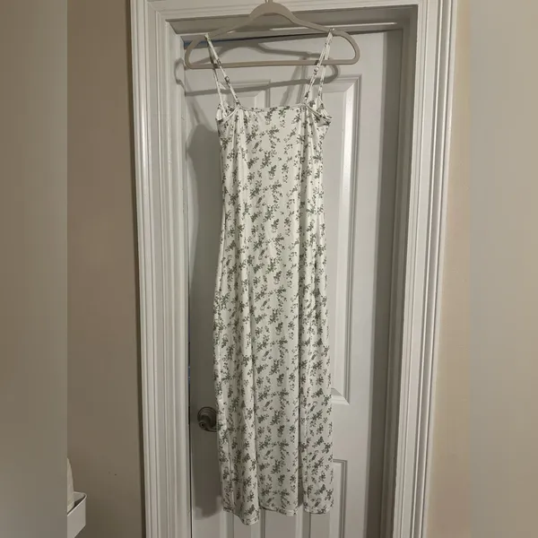 White Maxi Slip Dress with Green Floral Print - Image 3