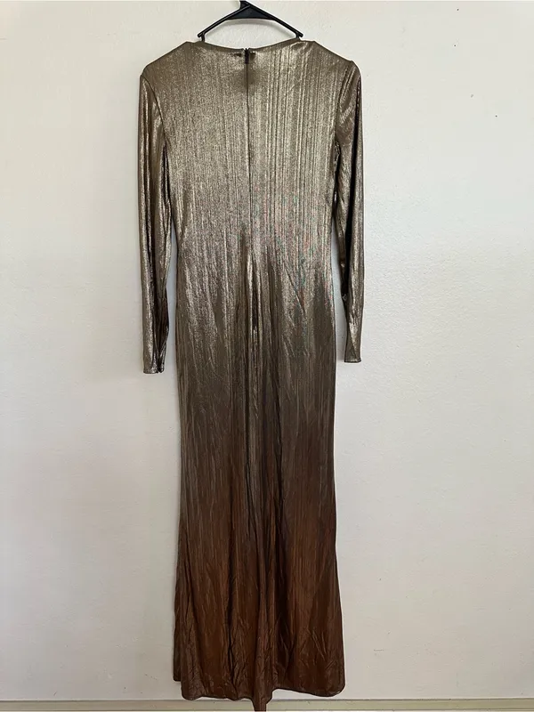Mac Duggal Metallic Long-Sleeve Asymmetrical Ruched Gown IEENA Collection, 0 - Image 4