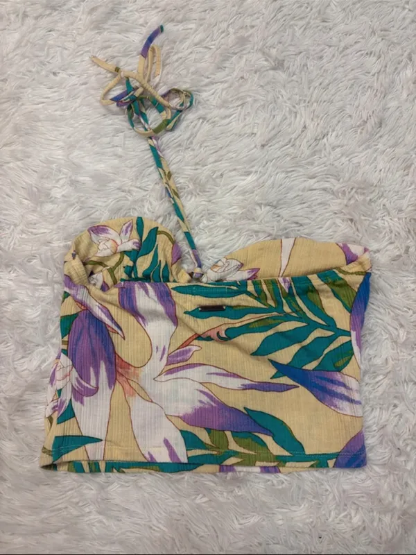 Billabong Floral Halter Crop Top in Yellow, Teal & Purple - Image 2
