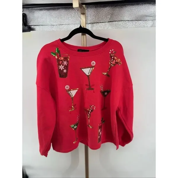 State of Mine Christmas Cocktail Sequin Sweatshirt Large Red Bling - Image 4