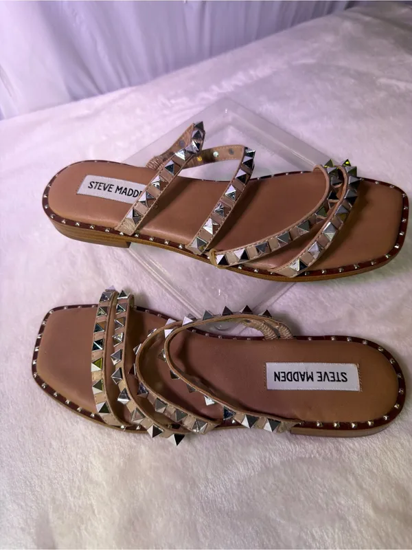Steve Madden Nude Studded Triple-Strap Slide Sandals - Image 3