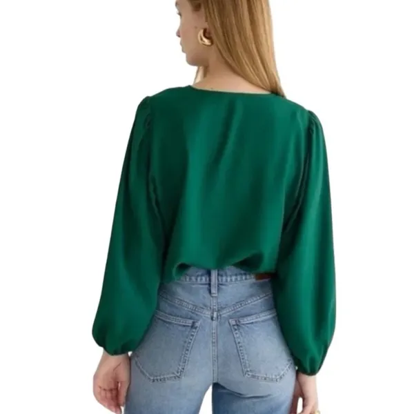 J.Crew Womens Green Keyhole‎ Balloon Sleeve Blouse Top Medium Solid Long Sleeve - Image 2