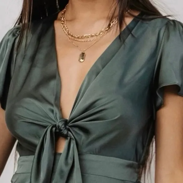 Baltic Born Poppy Satin Midi Dress Dark Sage Green V-Neck Peek Tie Front Size L - Image 3
