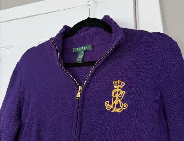 Ralph Lauren Vintage Womens Full Zip Sweater Logo Patch Purple Preppy - Image 3