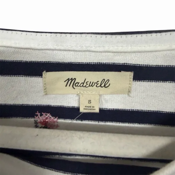 Madewell Sz S Navy Blue White Striped Cropped Top Cross Stitch Long Sleeve NWT - Image 6