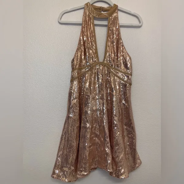 Free People Film Noir‎ Sequin Mini Halter Dress in Rose Gold Size 6 - Image 3