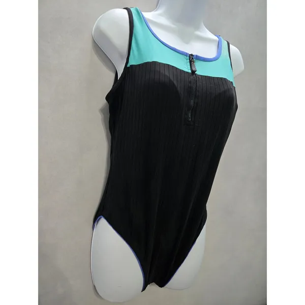 Black One Piece Swimsuit Quarter Zip 90s Vintage Resort Beach Goth Ribbed Large - Image 5