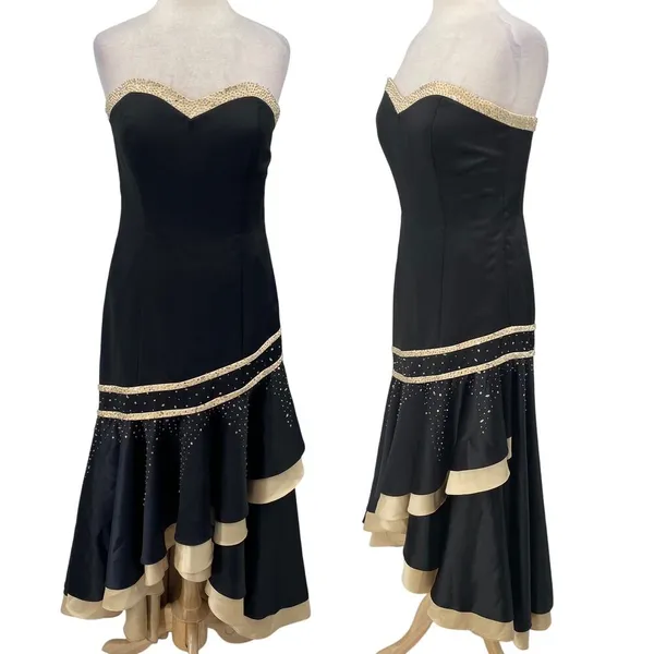 Vintage Y2k Camille La Vie Gown Beaded Strapless Satin Sweetheart Black Beige 10 - Image 2