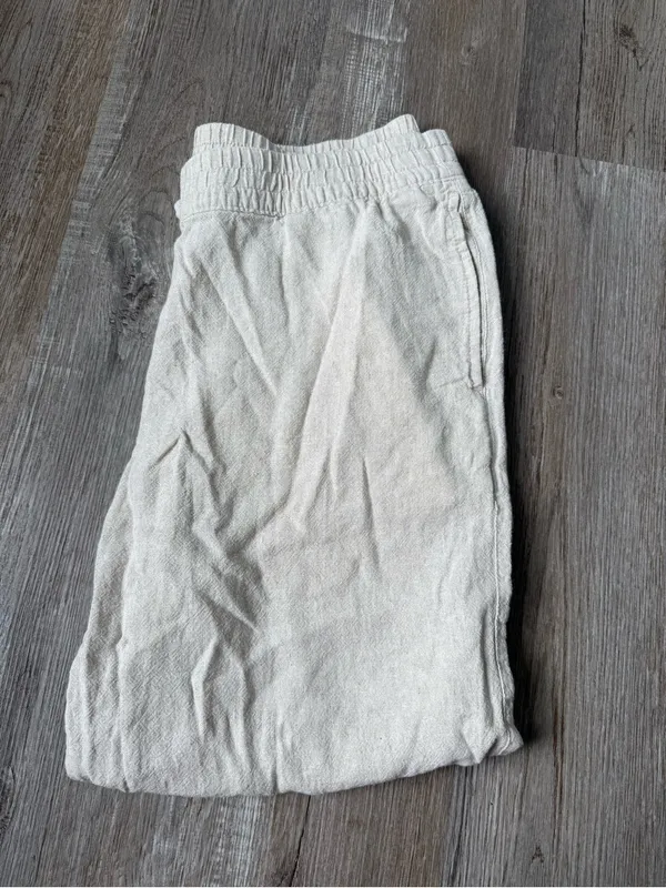 Old Navy Relaxed Linen Beach Pants Lounge Pants High Rise Straight Leg Beige Tan - Image 3