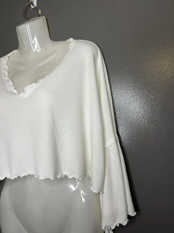 Altar'd State Blouse Womens XS White Ruffle Lettuce Hem Bell Sleeve Crop Top - Image 4