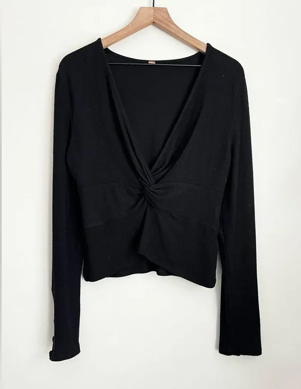 Free People All Types Of Twisted Black Top long sleeve V neck stretchy - Image 2