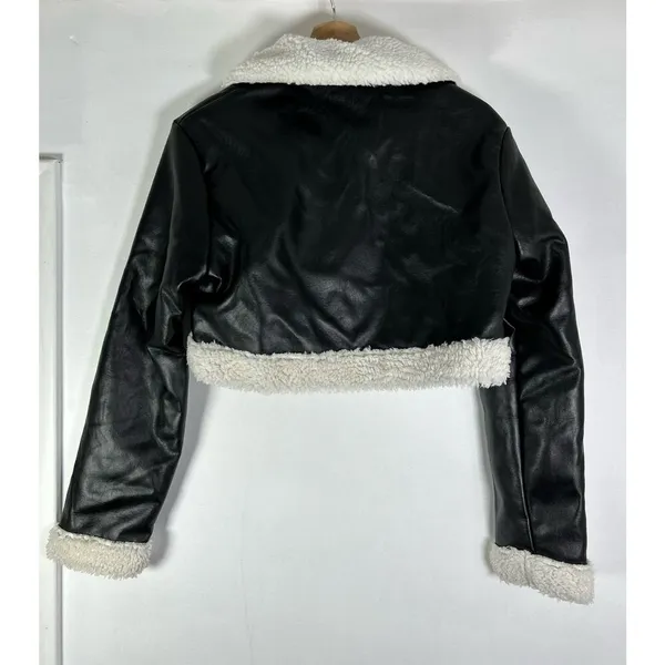 Cider Vegan Leather Shearling Collared Cropped Jacket S - Image 3