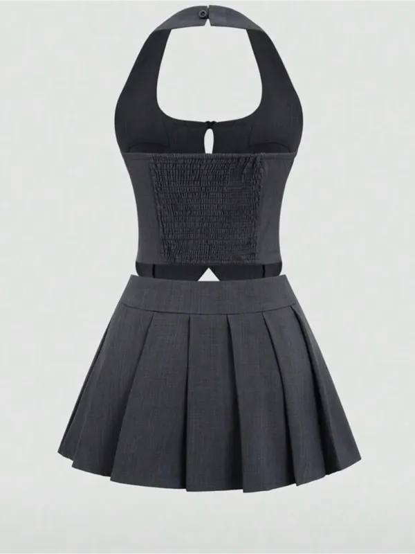 SHEIN Dark Gray Halter Pleated Mini Dress with Front Bow Accents - Image 2