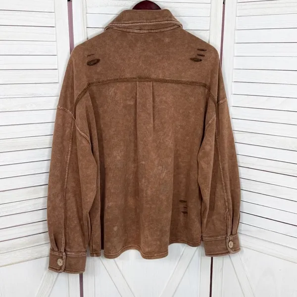 Oddy‎ Shacket Jacket Women Medium Large Brown Distressed Jersey Knit Cropped - Image 9