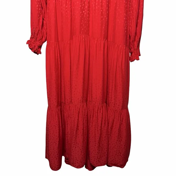 Anthropologie Maeve Wendy Tiered Maxi Dress Red Jacquard Tie Neck‎ Large Cottage - Image 16